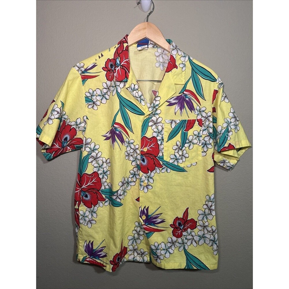 Vtg 80s Ocean Pacific OP Button Up Hawaiian Print Shirt Med Surf Yellow